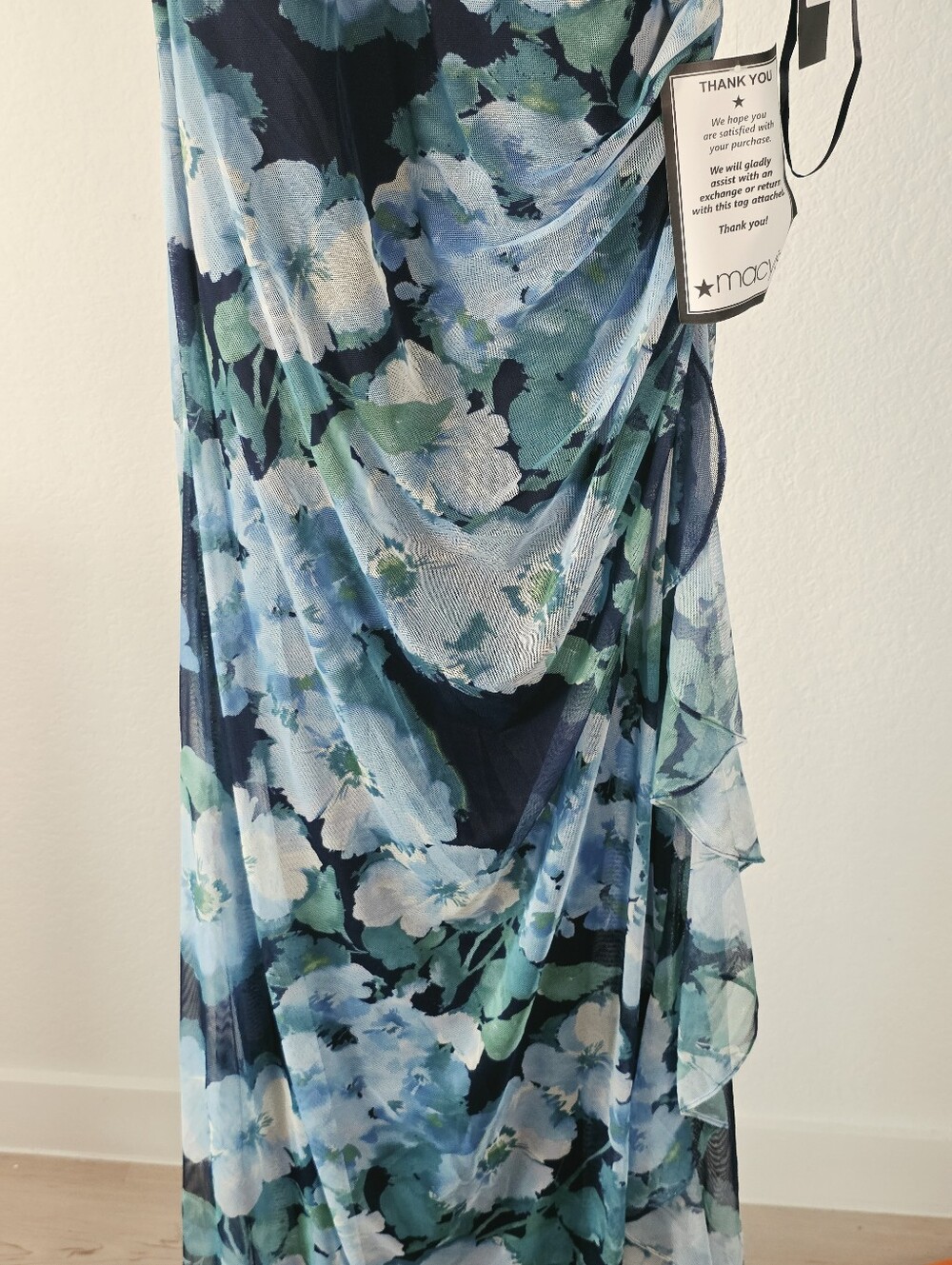 Betsy & Adam NWT Size 16 Blue Floral Chiffon Ruched Ruffle Maxi Gown Dress - Picture 5 of 12